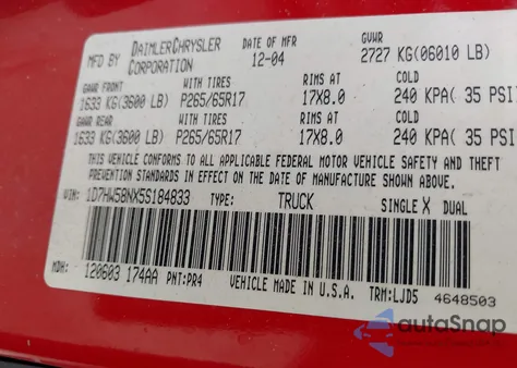 2005 Dodge Dakota Laramie из США, поврежденный, VIN 1D7HW58NX5S184833